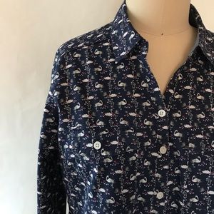 MINI SWAN PRINT Button Up Long Sleeve Shirt Navy